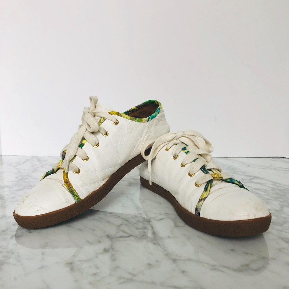 White Leather Delman Shoes with Colorful Edges